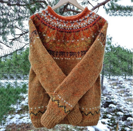 Comfortable Fair Isle Sweater for Women with Crew Neck Long Sleeve Ribbed Cuff Oversized Knit Style