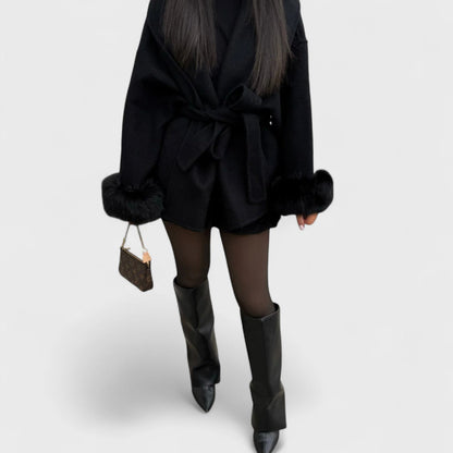 Elegant Wool Coat for Women with Shawl Collar Fur Trim Cuff Belted Oversized Style