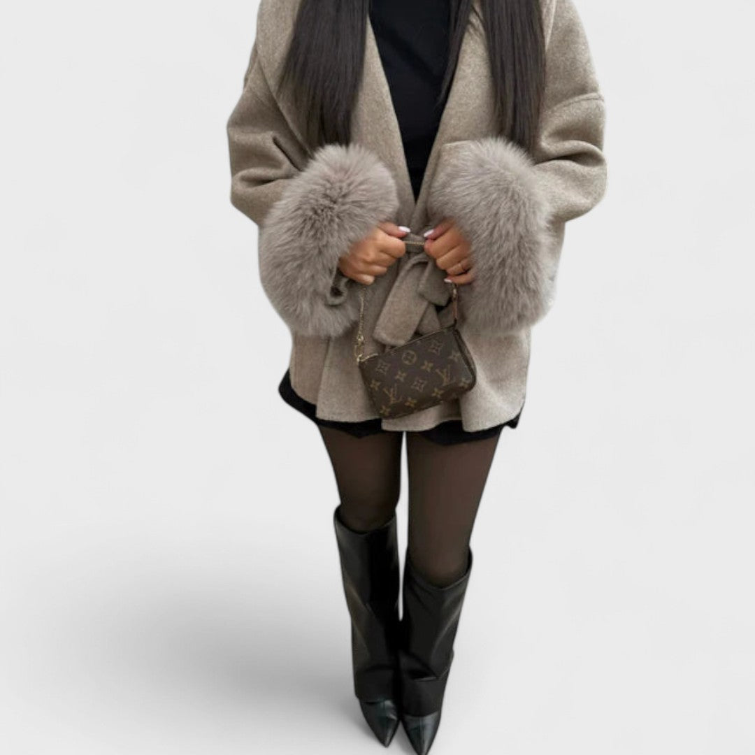 Elegant Wool Coat for Women with Shawl Collar Fur Trim Cuff Belted Oversized Style