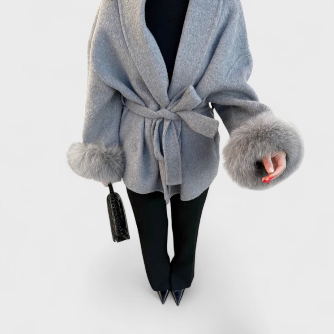 Elegant Wool Coat for Women with Shawl Collar Fur Trim Cuff Belted Oversized Style