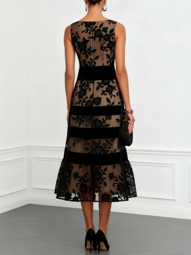 Elegant Black Floral Lace Midi Dress for Women with Boat Neck Sleeveless Velvet Stripe Flowing Wedding Guest Style