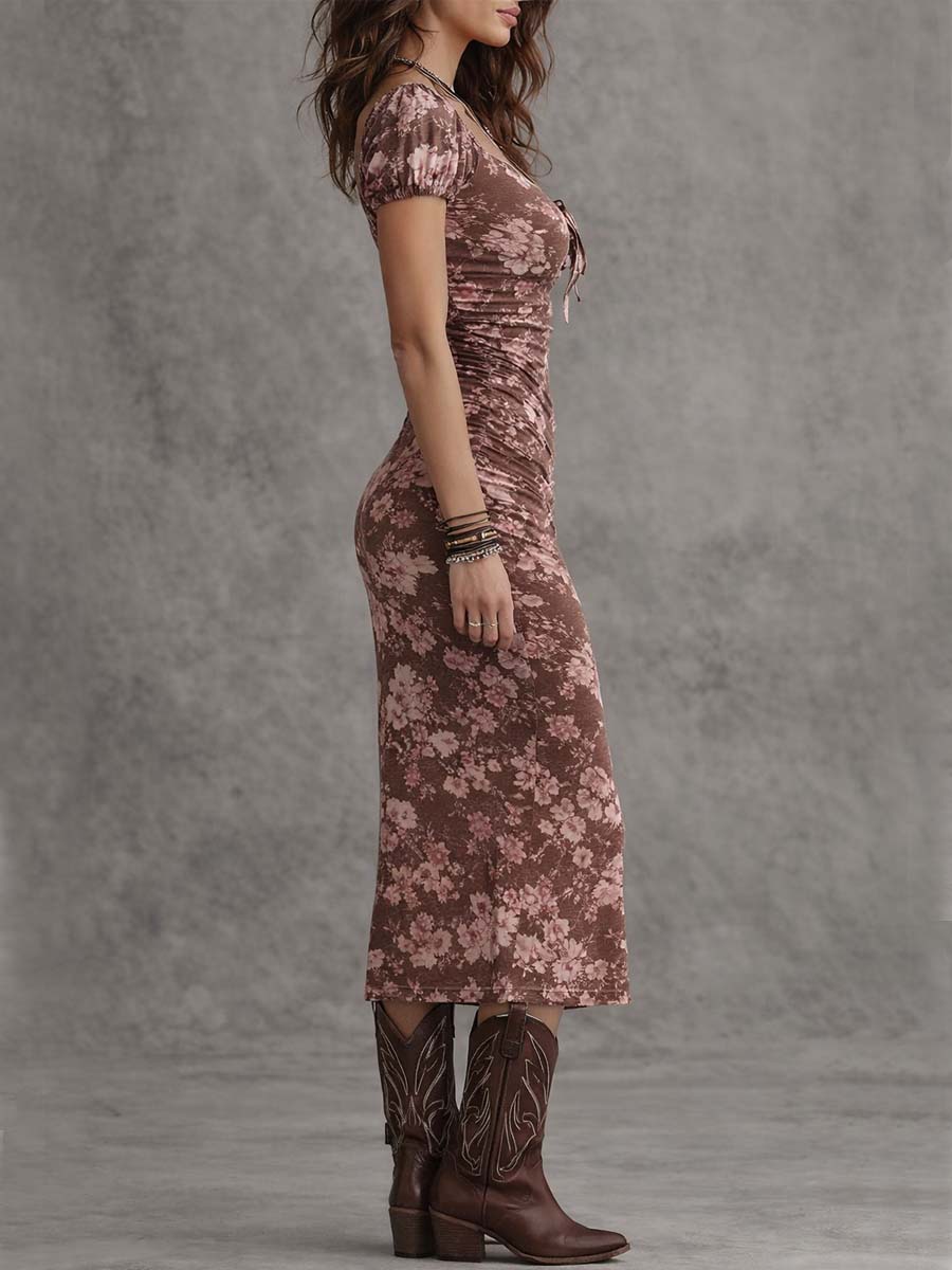Elegant Pink Brown Floral Midi Dress for Women with Sweetheart Neck Cap Sleeve Ruched Bodycon Style