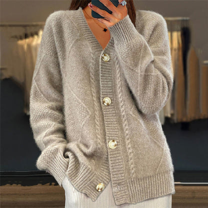Comfortable Cable Knit Cardigan Sweater for Women with V Neck Long Sleeve Button Front Relaxed Oversized Style
