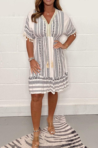 Effortless Aztec Print Kaftan Mini Dress for Women with V Neck Tassel Sleeve Ruffle Hem Boho Style