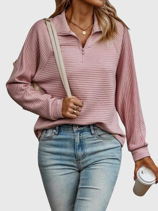 Comfortable Ribbed Pullover Sweater for Women with Quarter Zip Collar Long Sleeve Relaxed Oversized Knit Style