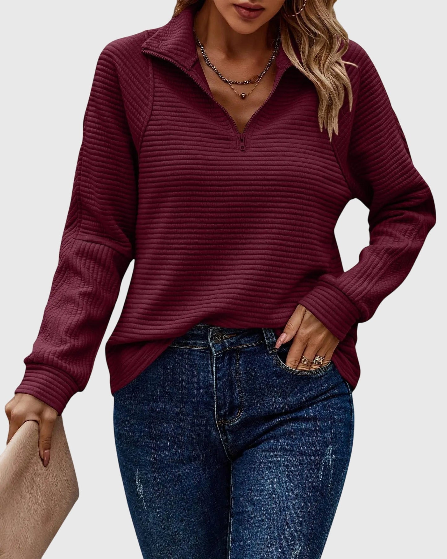 Comfortable Ribbed Pullover Sweater for Women with Quarter Zip Collar Long Sleeve Relaxed Oversized Knit Style