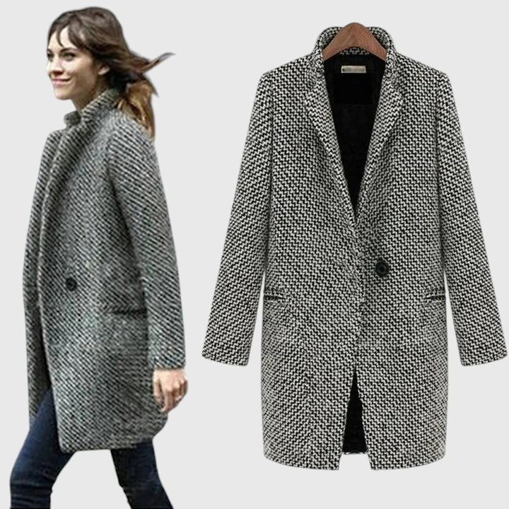 Elegant Gray Houndstooth Tweed Coat for Women with Notch Lapel Long Sleeve Single Button Relaxed Style