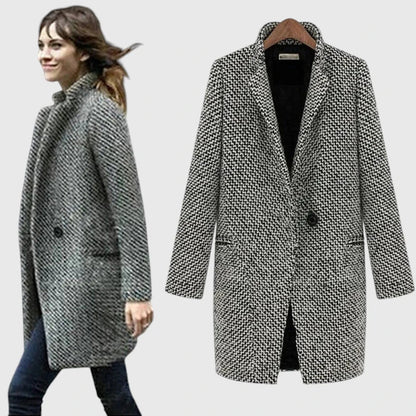 Elegant Gray Houndstooth Tweed Coat for Women with Notch Lapel Long Sleeve Single Button Relaxed Style