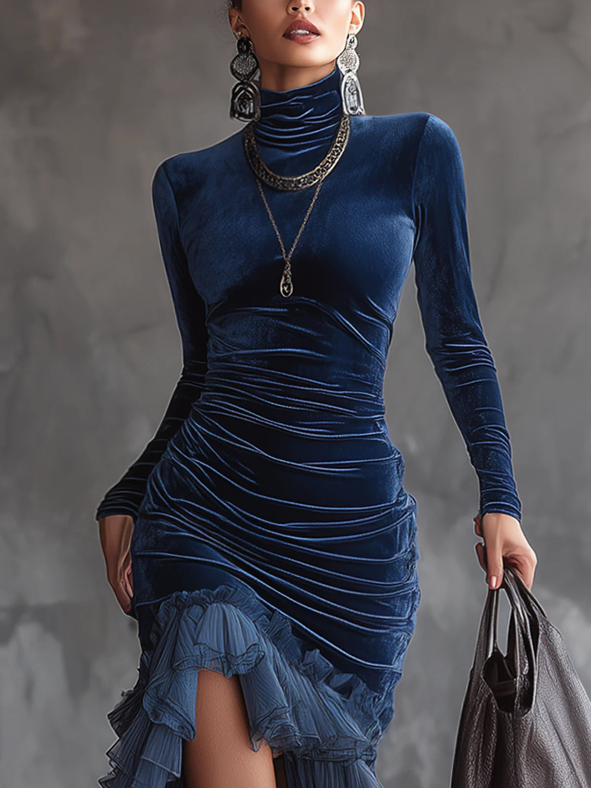 Elegant Dark Blue Velvet Maxi Dress for Women with High Neck Long Sleeve Ruched Ruffle Mermaid Style