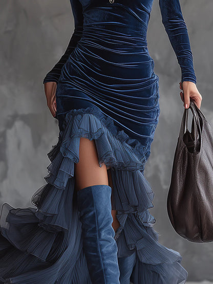 Elegant Dark Blue Velvet Maxi Dress for Women with High Neck Long Sleeve Ruched Ruffle Mermaid Style