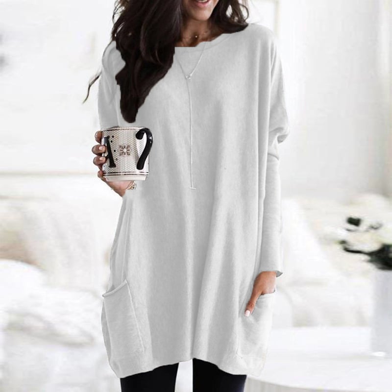 Comfortable Knit Tunic Dress for Women with Round Neck Long Sleeve Oversized Pocket Relaxed Style