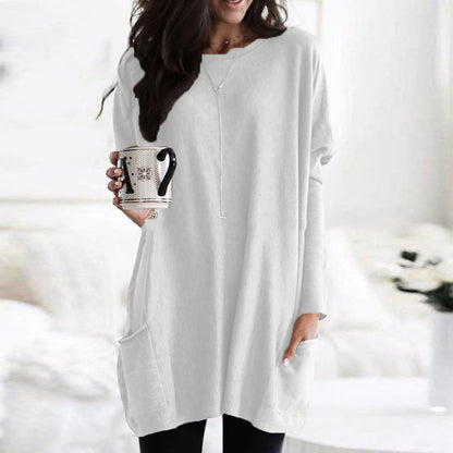 Comfortable Knit Tunic Dress for Women with Round Neck Long Sleeve Oversized Pocket Relaxed Style