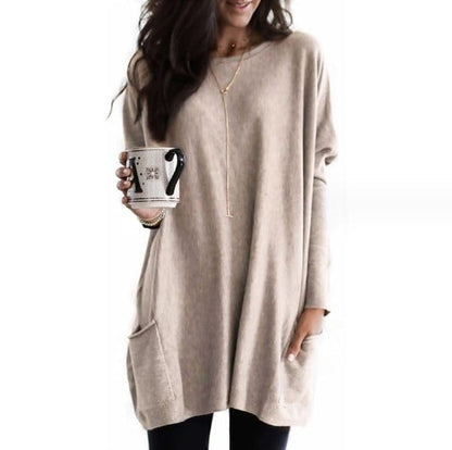 Comfortable Knit Tunic Dress for Women with Round Neck Long Sleeve Oversized Pocket Relaxed Style