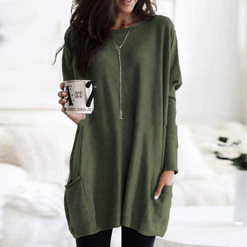 Comfortable Knit Tunic Dress for Women with Round Neck Long Sleeve Oversized Pocket Relaxed Style