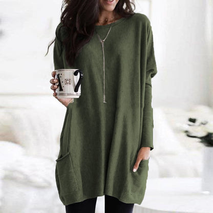 Comfortable Knit Tunic Dress for Women with Round Neck Long Sleeve Oversized Pocket Relaxed Style