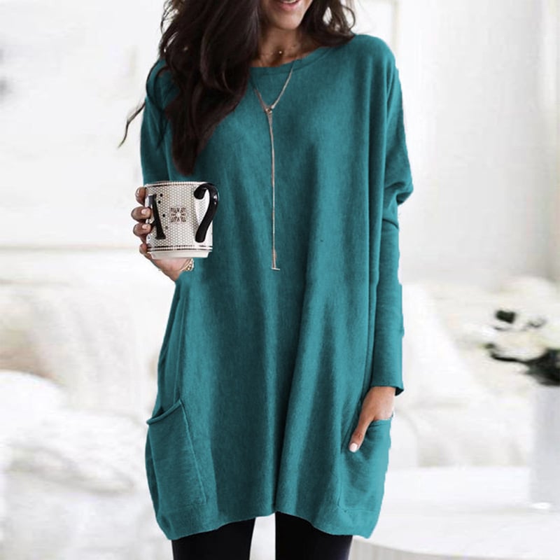 Comfortable Knit Tunic Dress for Women with Round Neck Long Sleeve Oversized Pocket Relaxed Style