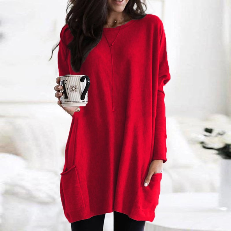Comfortable Knit Tunic Dress for Women with Round Neck Long Sleeve Oversized Pocket Relaxed Style