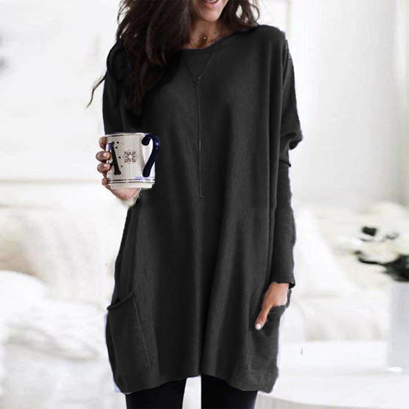 Comfortable Knit Tunic Dress for Women with Round Neck Long Sleeve Oversized Pocket Relaxed Style