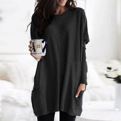 Comfortable Knit Tunic Dress for Women with Round Neck Long Sleeve Oversized Pocket Relaxed Style