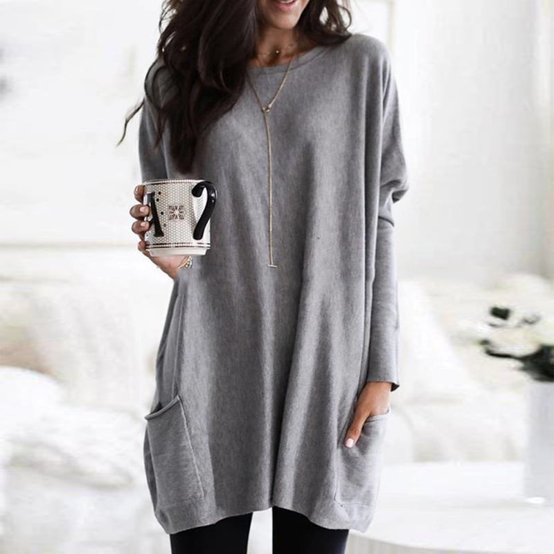 Comfortable Knit Tunic Dress for Women with Round Neck Long Sleeve Oversized Pocket Relaxed Style