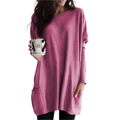Comfortable Knit Tunic Dress for Women with Round Neck Long Sleeve Oversized Pocket Relaxed Style
