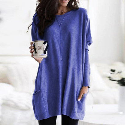 Comfortable Knit Tunic Dress for Women with Round Neck Long Sleeve Oversized Pocket Relaxed Style