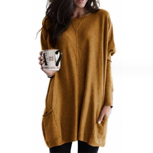 Comfortable Knit Tunic Dress for Women with Round Neck Long Sleeve Oversized Pocket Relaxed Style