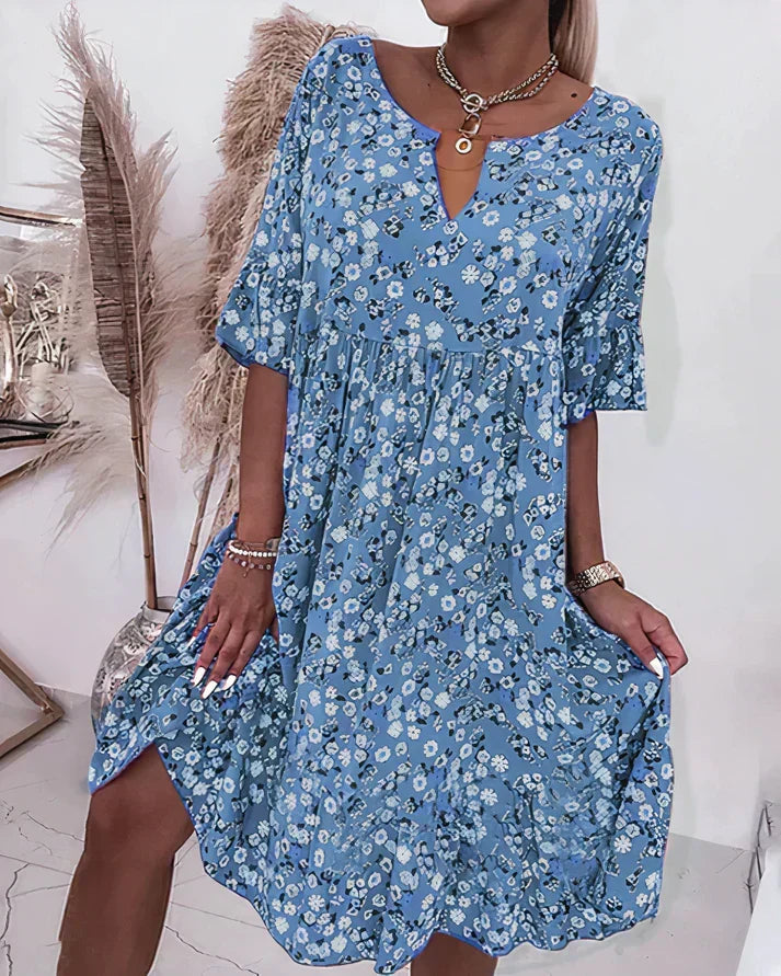 Effortless Floral Midi Dress for Women with V Neck Flutter Sleeve Tiered Ruffle Bohemian Style