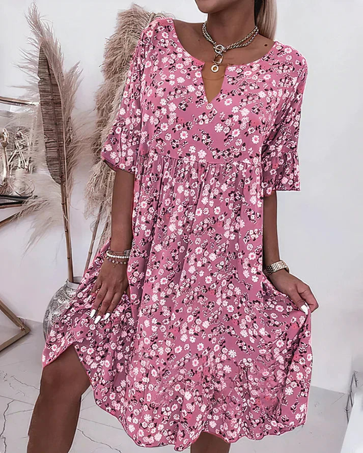 Effortless Floral Midi Dress for Women with V Neck Flutter Sleeve Tiered Ruffle Bohemian Style