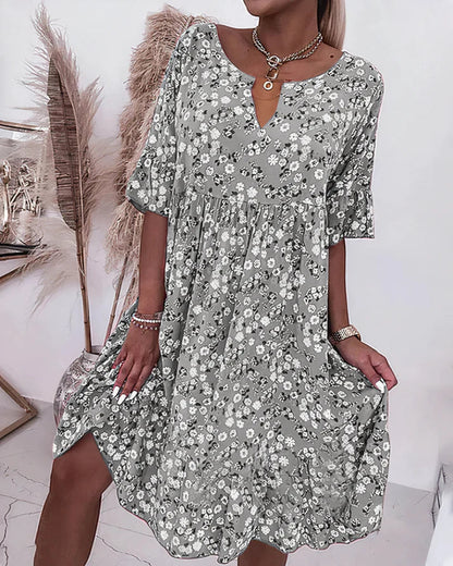 Effortless Floral Midi Dress for Women with V Neck Flutter Sleeve Tiered Ruffle Bohemian Style