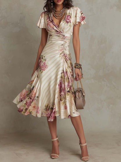 Elegant Ivory Floral Midi Dress for Women with V Neck Flutter Sleeve Ruched Wrap Flowing Style