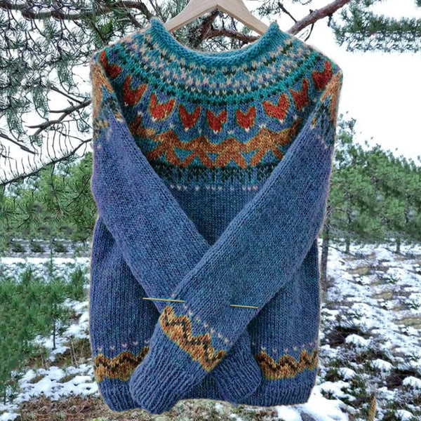 Comfortable Fair Isle Sweater for Women with Round Neck Long Sleeve Relaxed Oversized Knit Style