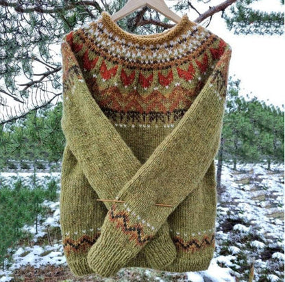 Comfortable Fair Isle Sweater for Women with Round Neck Long Sleeve Relaxed Oversized Knit Style