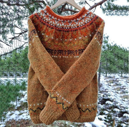 Comfortable Fair Isle Sweater for Women with Round Neck Long Sleeve Relaxed Oversized Knit Style
