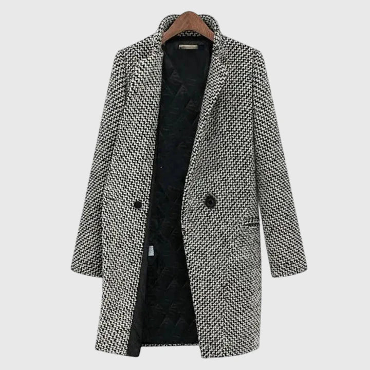 Elegant Gray Houndstooth Tweed Coat for Women with Notch Lapel Long Sleeve Single Button Relaxed Style