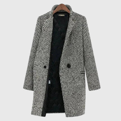 Elegant Gray Houndstooth Tweed Coat for Women with Notch Lapel Long Sleeve Single Button Relaxed Style