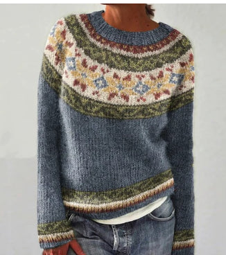 Comfortable Fair Isle Sweater for Women with Round Neck Long Sleeve Relaxed Oversized Knit Style