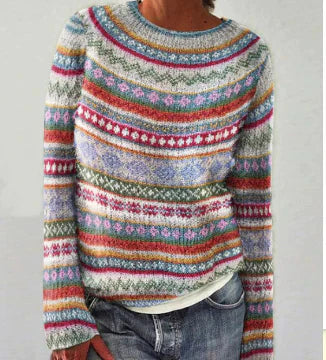 Comfortable Fair Isle Sweater for Women with Round Neck Long Sleeve Relaxed Oversized Knit Style