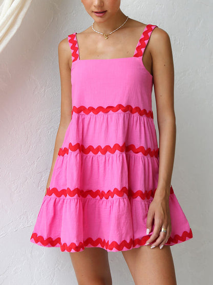 Effortless Ric Rac Trim Tiered Mini Dress for Women with Square Neck Sleeveless Flowy Babydoll Style