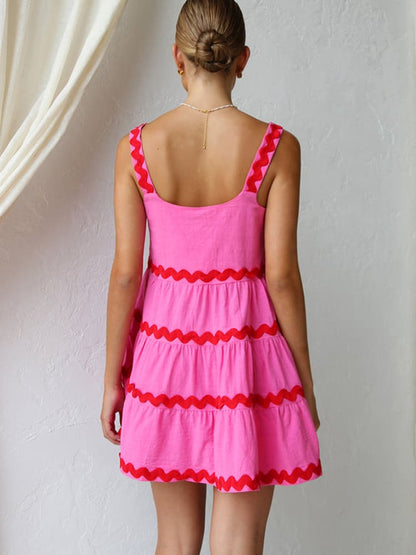 Effortless Ric Rac Trim Tiered Mini Dress for Women with Square Neck Sleeveless Flowy Babydoll Style
