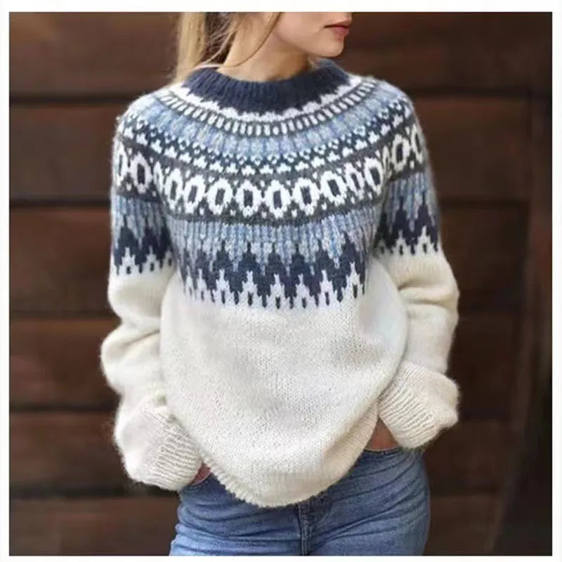 Comfortable Fair Isle Sweater for Women with Round Neck Long Sleeve Oversized Knit Style