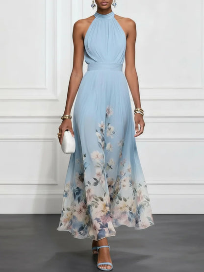 Elegant Blue Floral Maxi Dress for Women with Halter Neck Sleeveless Bow Back Flowing Wedding Guest Style