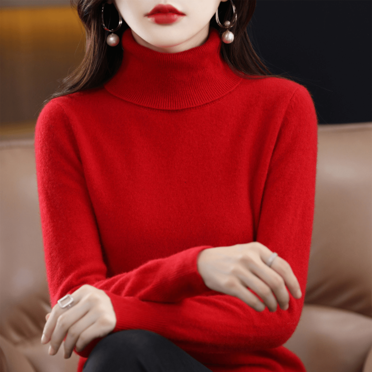Comfortable Knit Sweater for Women with High Neck Long Sleeve Ribbed Fitted Style
