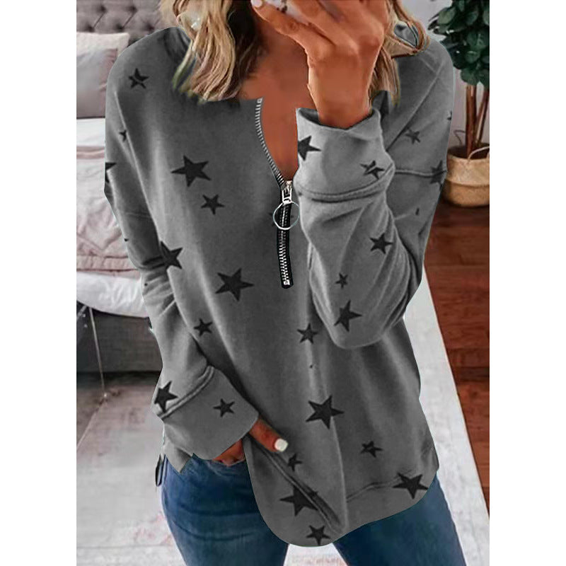 Effortless Star Print Sweatshirt for Women with Zip V Neck Long Sleeve Relaxed Oversized Casual Style