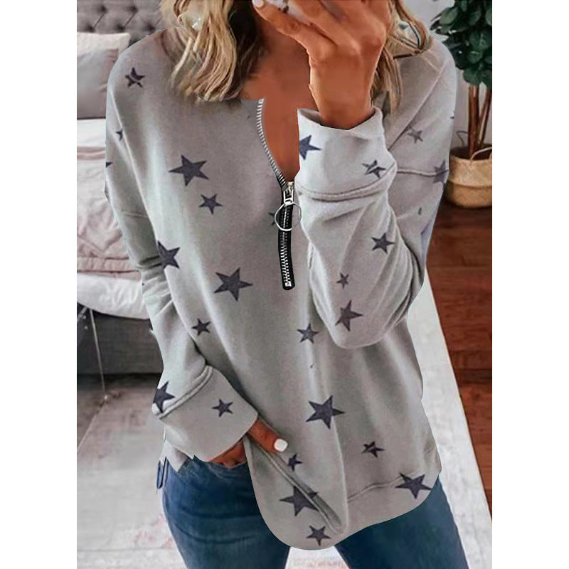 Effortless Star Print Sweatshirt for Women with Zip V Neck Long Sleeve Relaxed Oversized Casual Style
