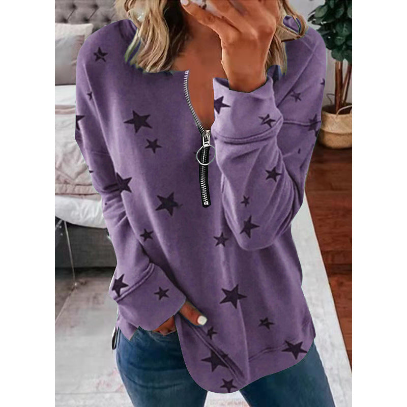 Effortless Star Print Sweatshirt for Women with Zip V Neck Long Sleeve Relaxed Oversized Casual Style