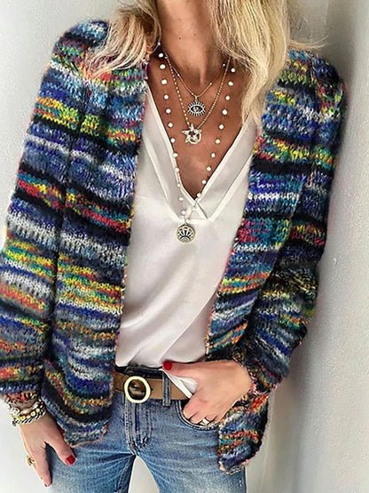 Comfortable Striped Knit Cardigan for Women with Open Front Long Sleeve Oversized Bohemian Style