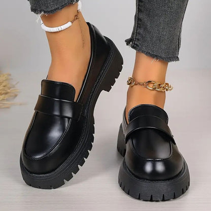Comfortable Black Loafers for Women with Chunky Lug Sole Penny Strap Slip On Platform Style