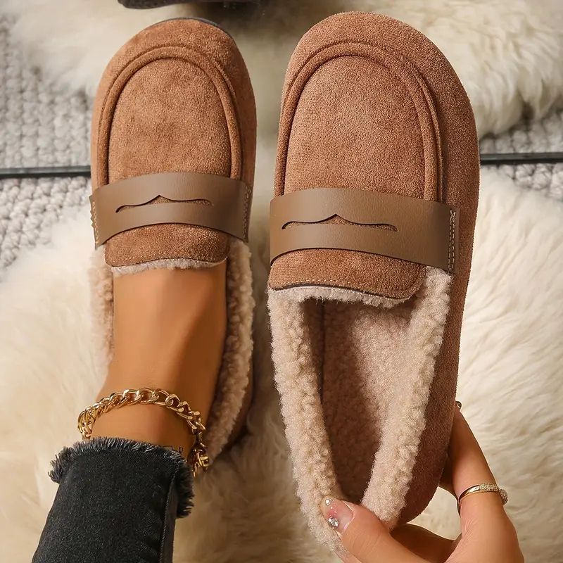 Comfortable Slippers for Women with Faux Shearling Lining Suede Look Moccasin Slip On Style