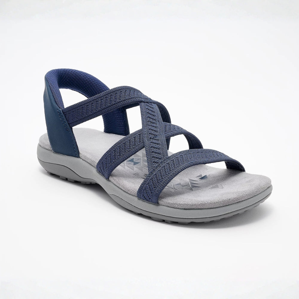 Comfortable Sandals for Women with Multi Strap Woven Upper Cushioned Flat Sole Slip On Style